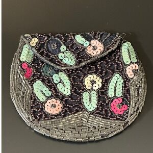 Vintage Floral Beaded Sequin Mini Coin Purse Pouch Snap Closure Navy Silver